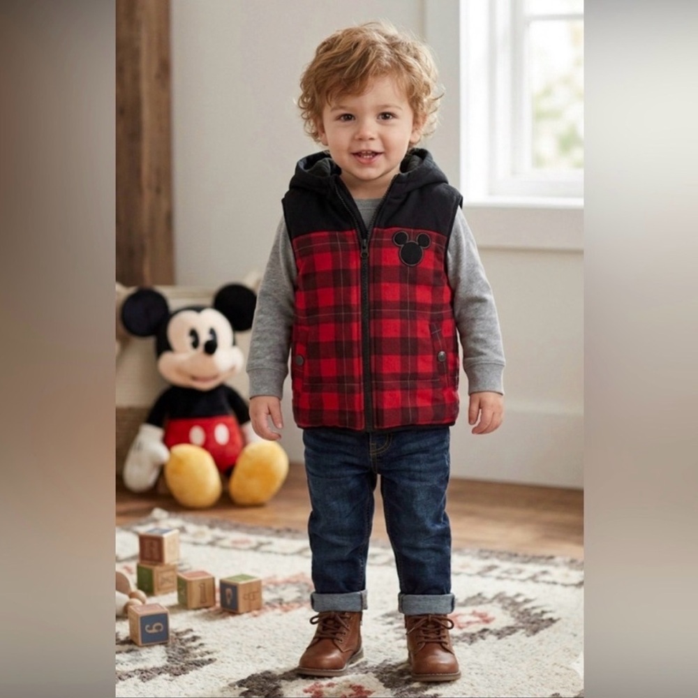 Disney Red and Black Plaid Hooded Vest with Mickey Patch (3T)